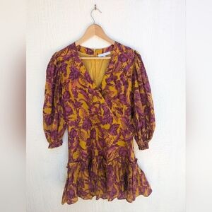 Olivaceous Purple Yellow Floral Mini Dress 100% Cotton Women's Size Medium